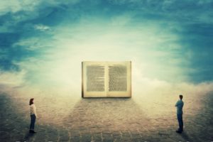 boy and girl looking at a book from two different historical perspectives