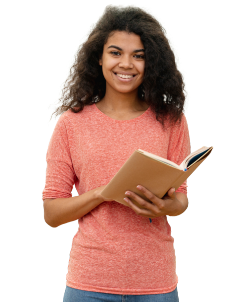 smiling girl holding a book