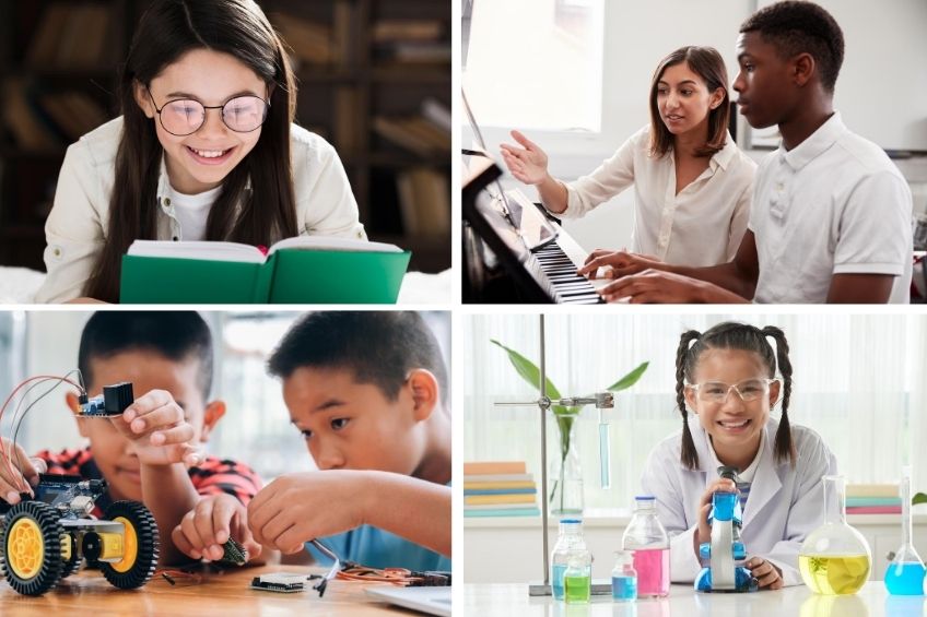 collage of kids learning