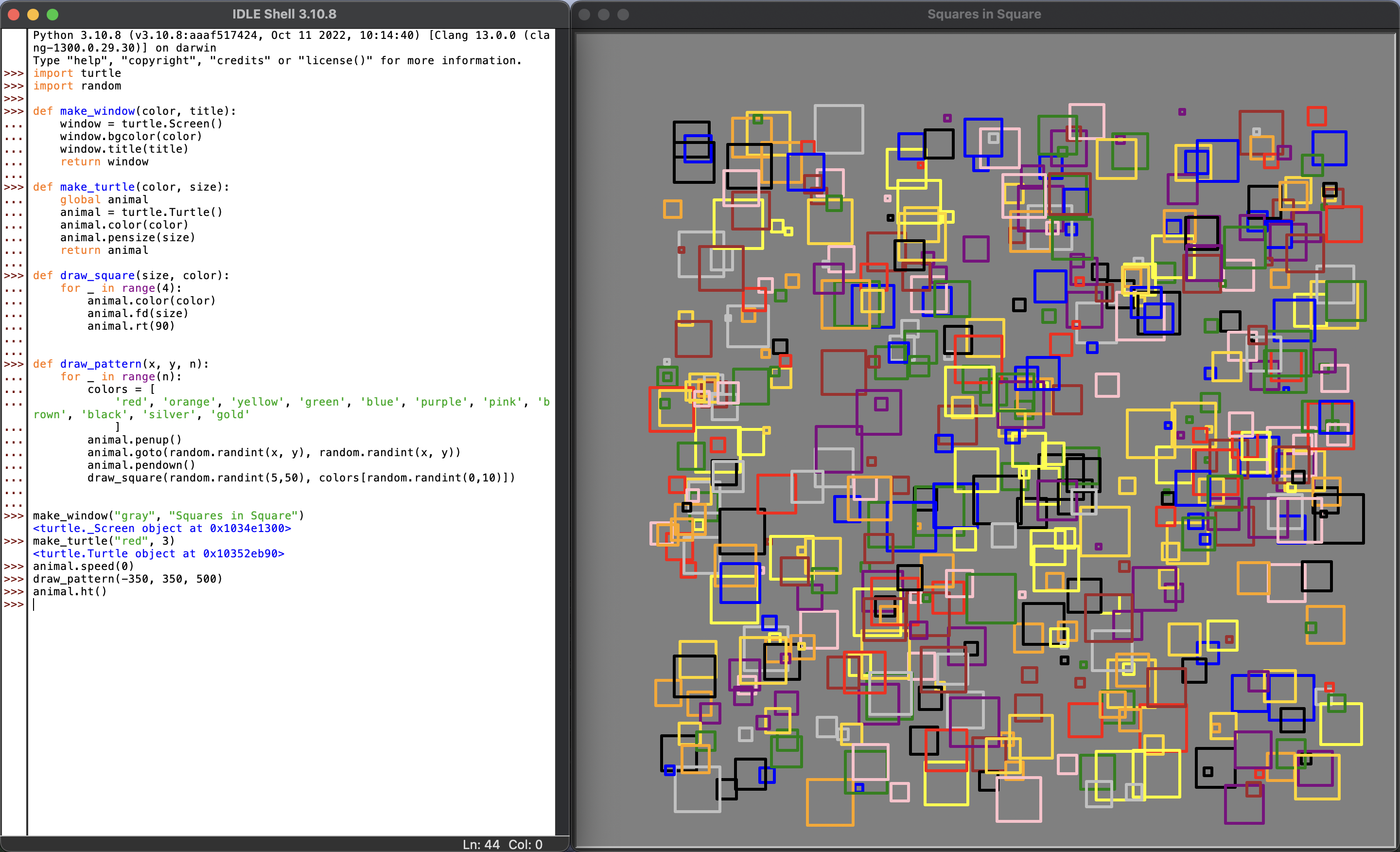 Programming turtles and squares in Ms. Yoo's Introduction to Computer Programming Class.