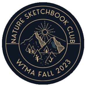 2023 Nature Sketchbook Club participants received this black, circular badge with gold writing and drawings of the sun shining over some mountains.