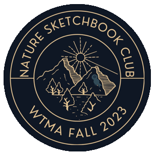 2023 Nature Sketchbook Club participants received this black, circular badge with gold writing and drawings of the sun shining over some mountains.