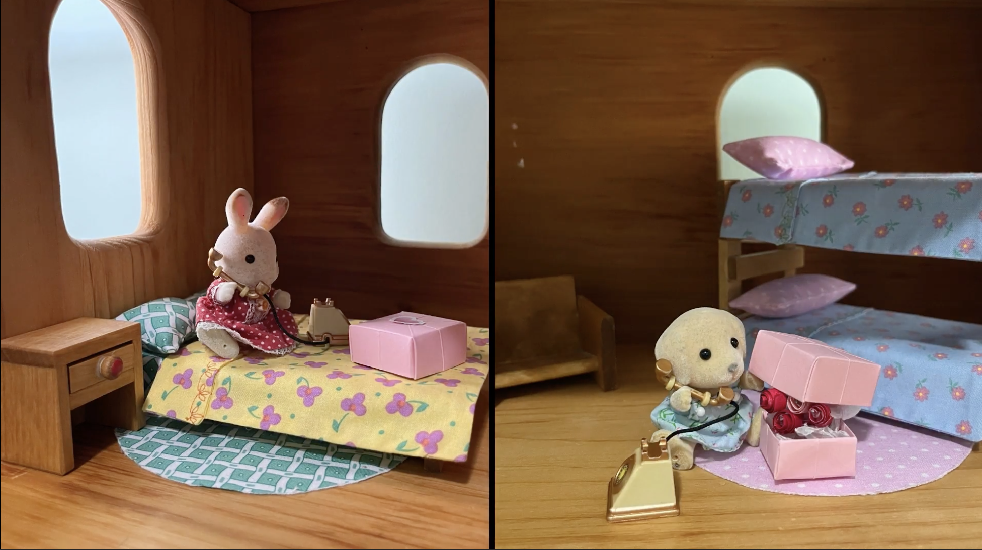 A miniature rabbit toy and a miniature dog toy are shown as if they are speaking to each other over the phone from their own rooms as part of a French Cinema à la WTMA project.