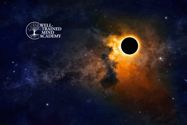 An image of a black hole against a backdrop of space, stars, and cloud nebulas.
