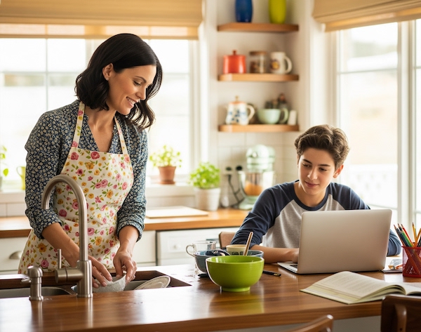 son doing online school while mom washes dishes