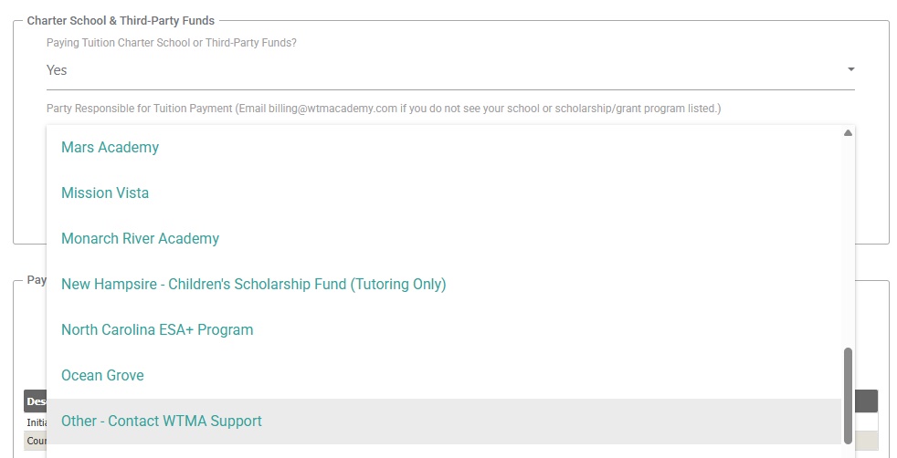 Charter School and Third-Party Funds dropdown
